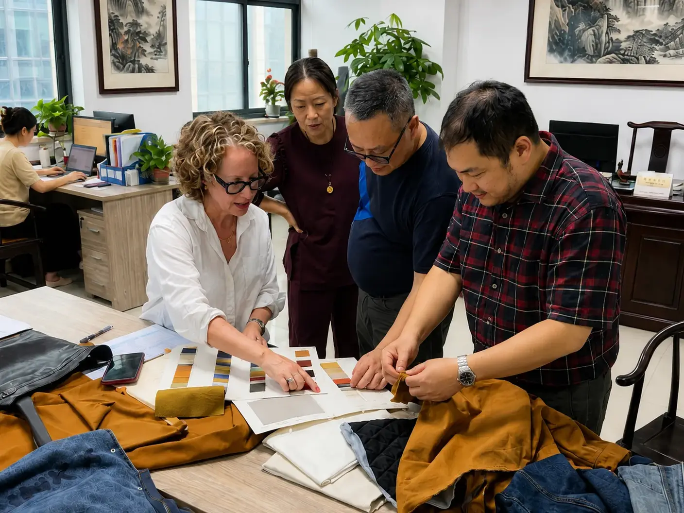 Kristy reviewing fabric swatches with factory team