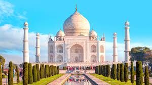 The Taj Mahal in Agra viewed across its gardens and reflecting pool